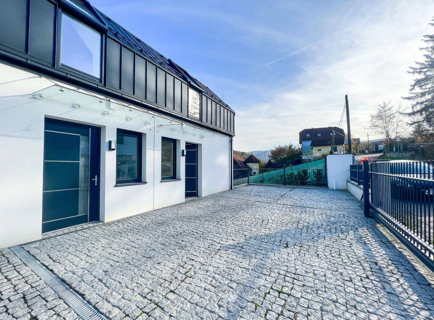 Moderner Eingangsbereich des Hauses mit gepflastertem Vorplatz und Glasvordach.