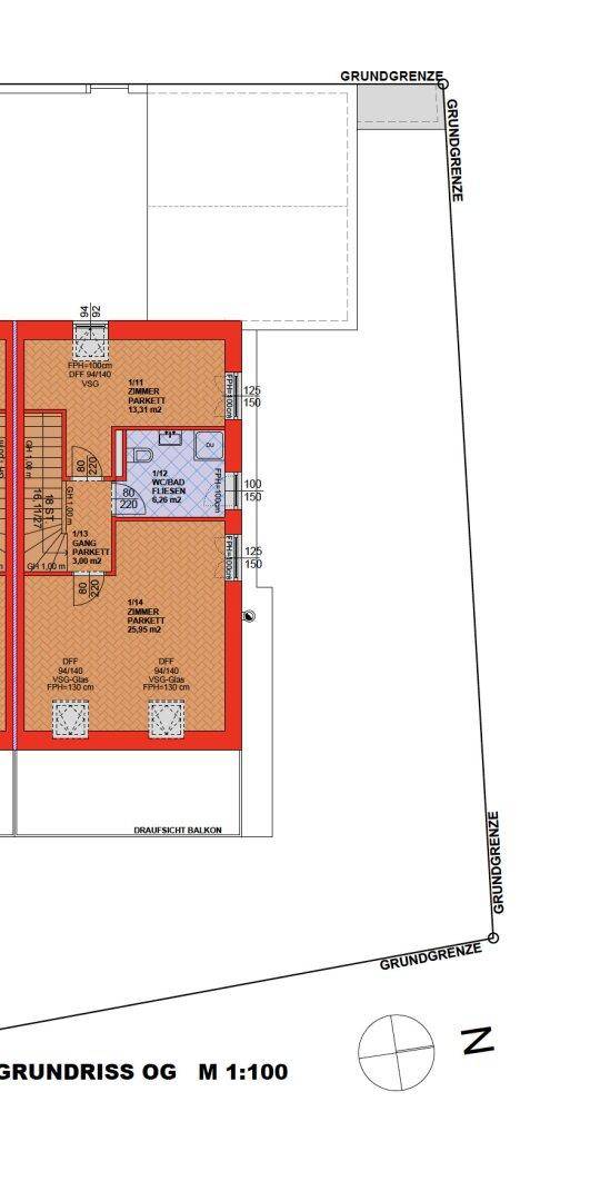 Grundriss des Obergeschosses mit Schlafzimmern und Badezimmer, inklusive Balkon.