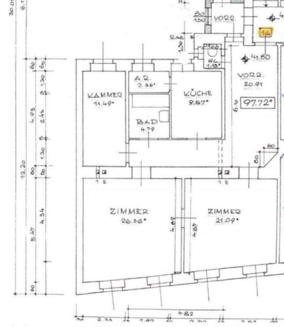 Grundriss der Wohnung mit Zimmern, Küche, Bad und WC, inklusive Flächenangaben.