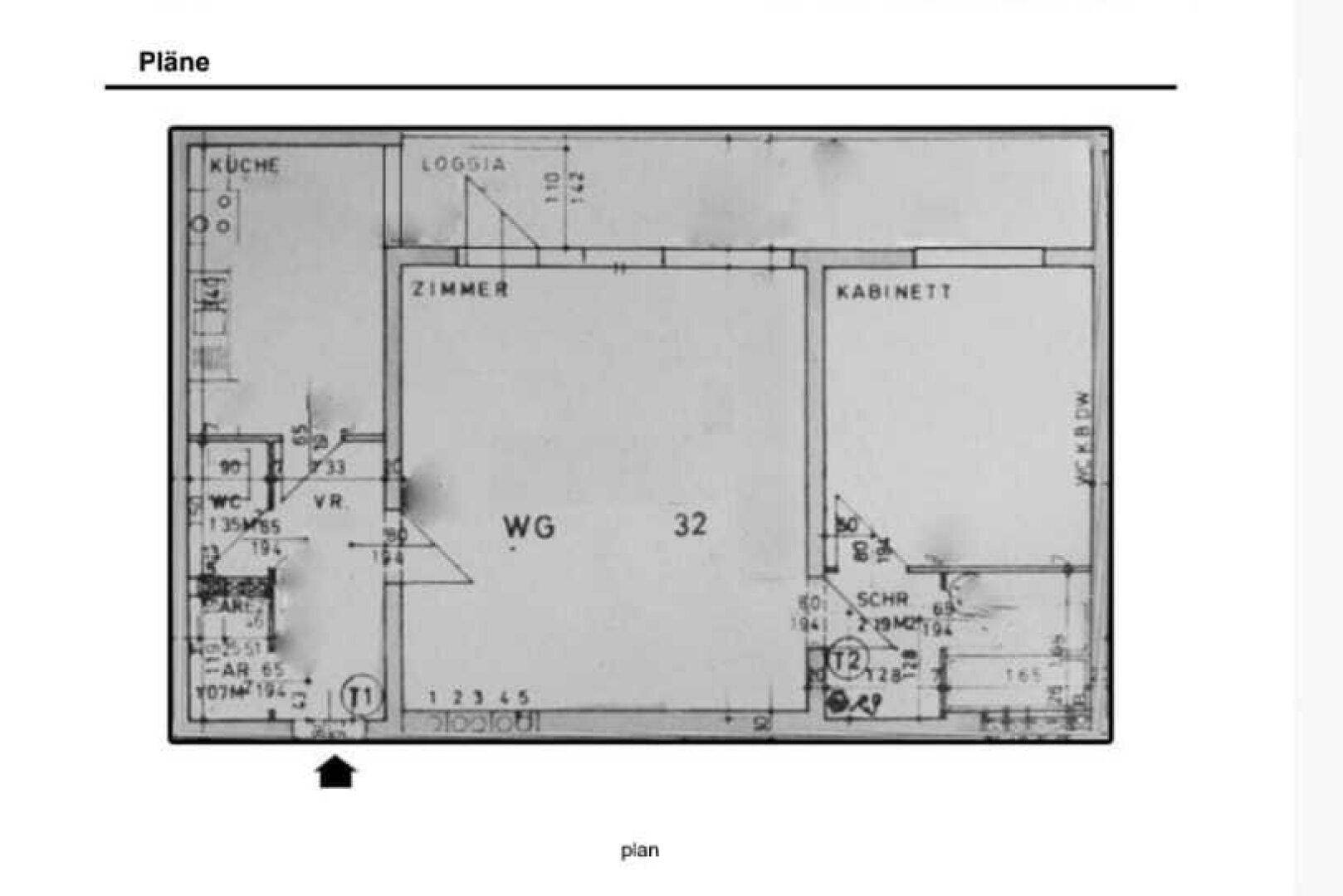Grundriss der Wohnung zeigt die Aufteilung von Zimmern, Küche, Loggia und WC.