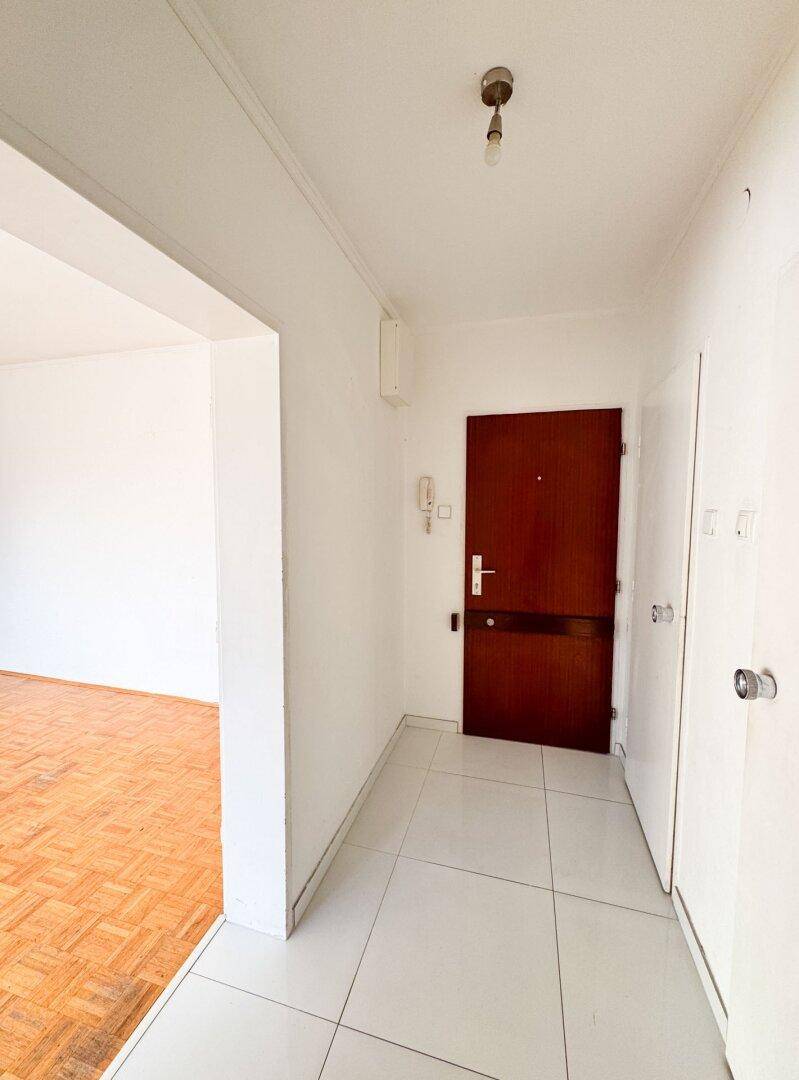 Eingangsbereich mit Fliesenboden und einer dunklen Holztür, die in die Wohnung führt.