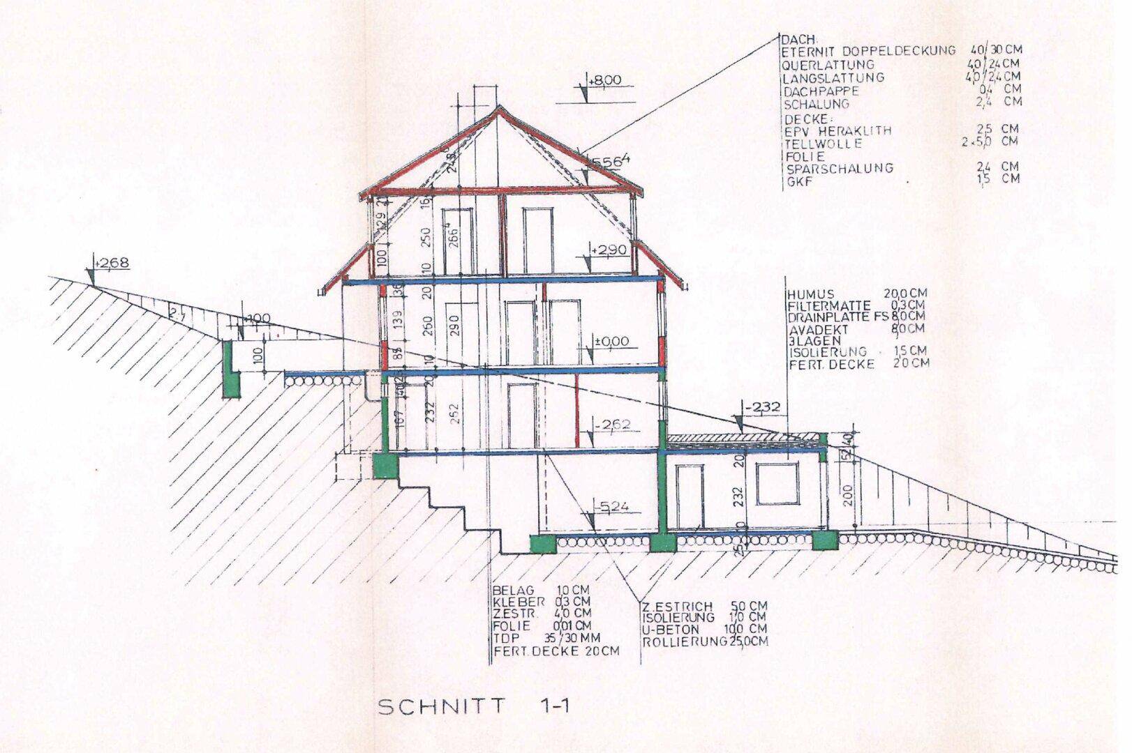 Architektonischer Schnitt des Hauses, der die verschiedenen Ebenen und die Hanglage des Gebäudes darstellt.
