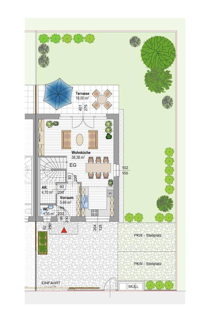 Grundriss des Erdgeschosses mit offener Wohnküche, Terrasse und Garten.