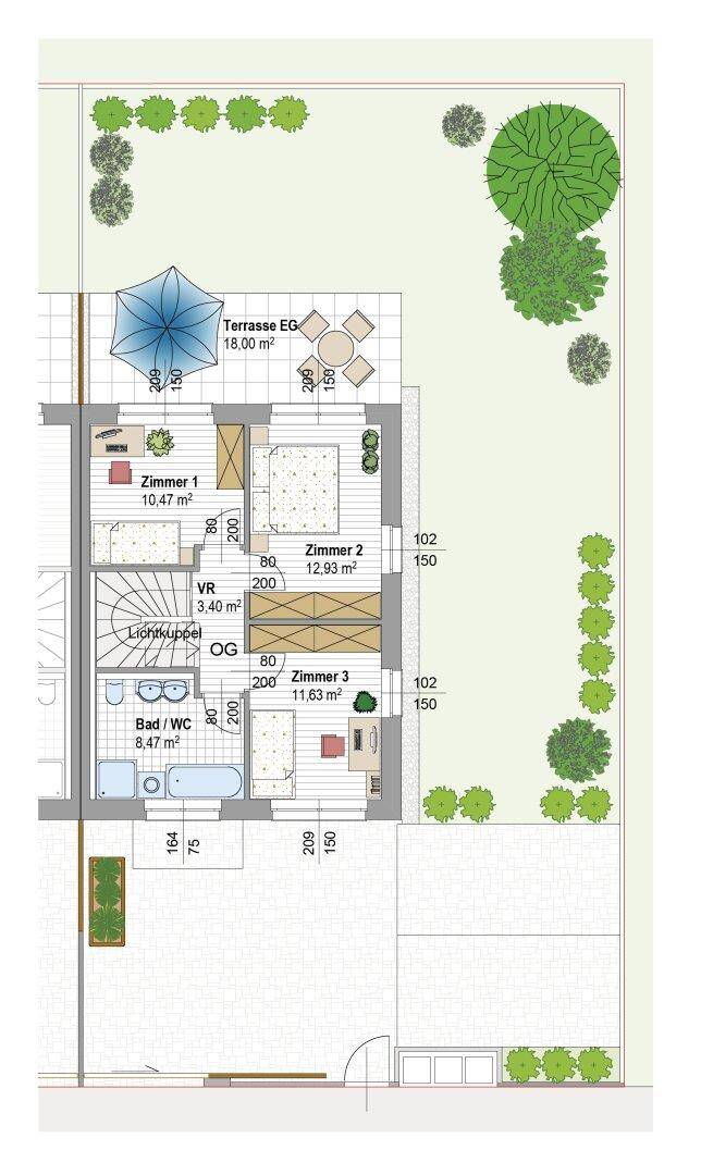 Grundriss des Obergeschosses mit drei Schlafzimmern und einem Badezimmer.