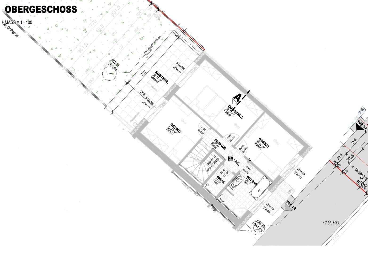 Schräger Grundriss des Obergeschosses, der die Raumaufteilung mit Schlafzimmern und Bad darstellt.