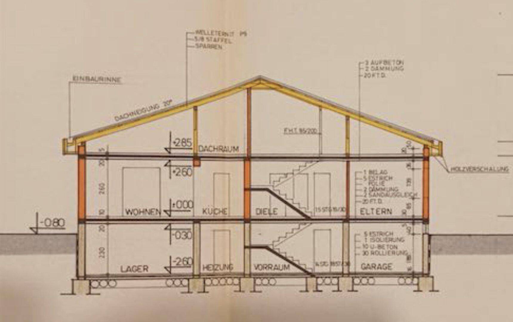 Querschnittszeichnung eines Hauses mit Satteldach, Keller und Dachraum sowie Garage im Untergeschoss.