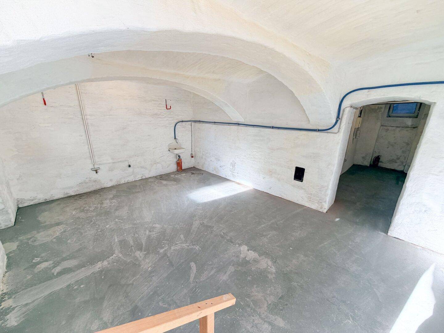 Weitläufiger Kellerraum mit gewölbter Decke, Betonboden und sichtbaren Installationen.