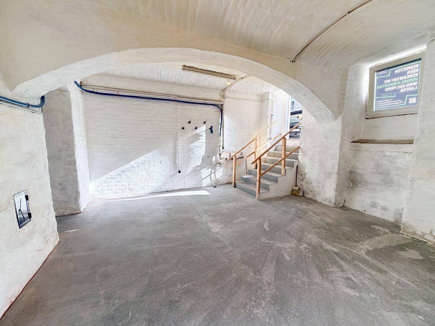 Großer Kellerraum mit gewölbter Decke, Betonboden, Treppe und Fenstern für Tageslicht.