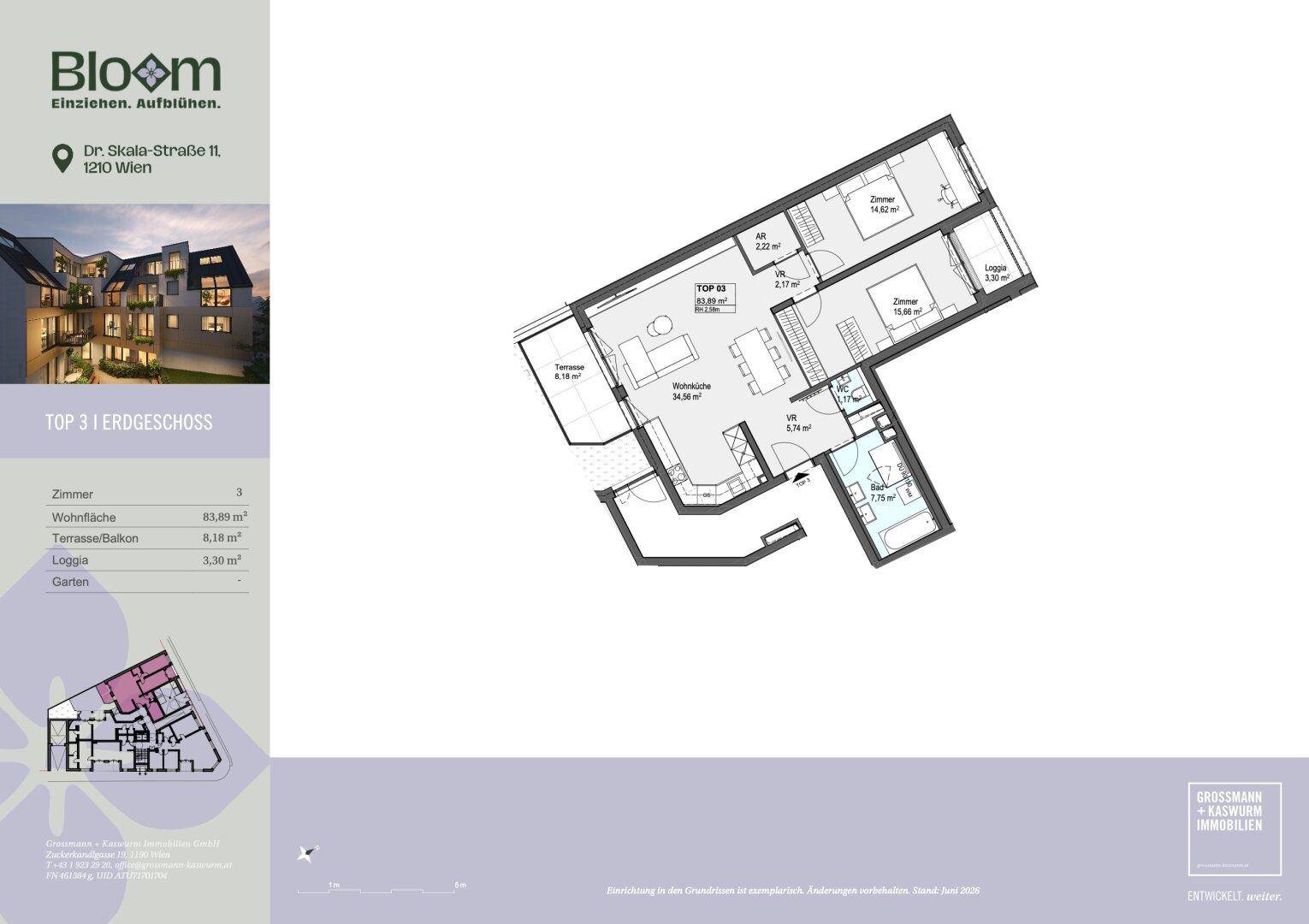 Grundriss für die Erdgeschosswohnung TOP 3 mit offenem Wohnbereich und Loggia.