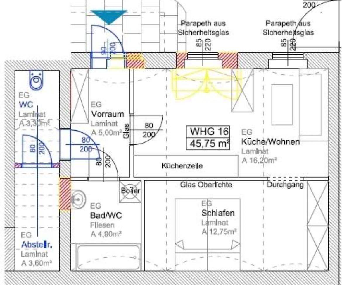 Grundriss einer Wohnung im Erdgeschoss mit offenem Wohnbereich und Balkonzugang.