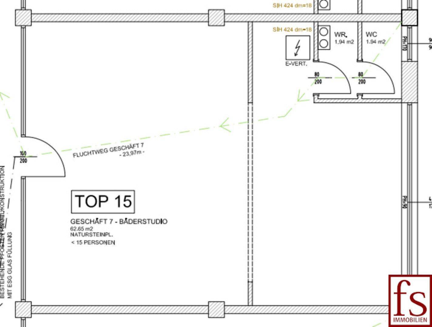 Grundriss für Geschäft 7, Top 15, mit 62,85 m² und separatem WC-Bereich.