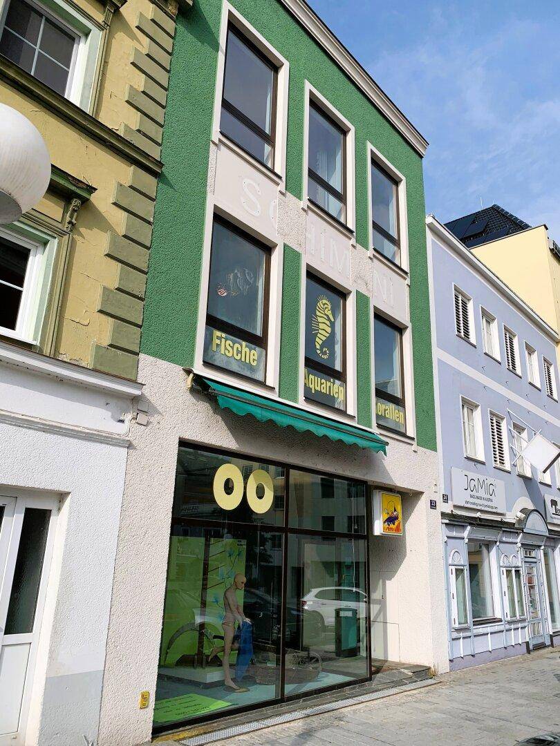 Grünes Gebäude mit großen Schaufenstern und Werbeschildern in einer städtischen Umgebung.