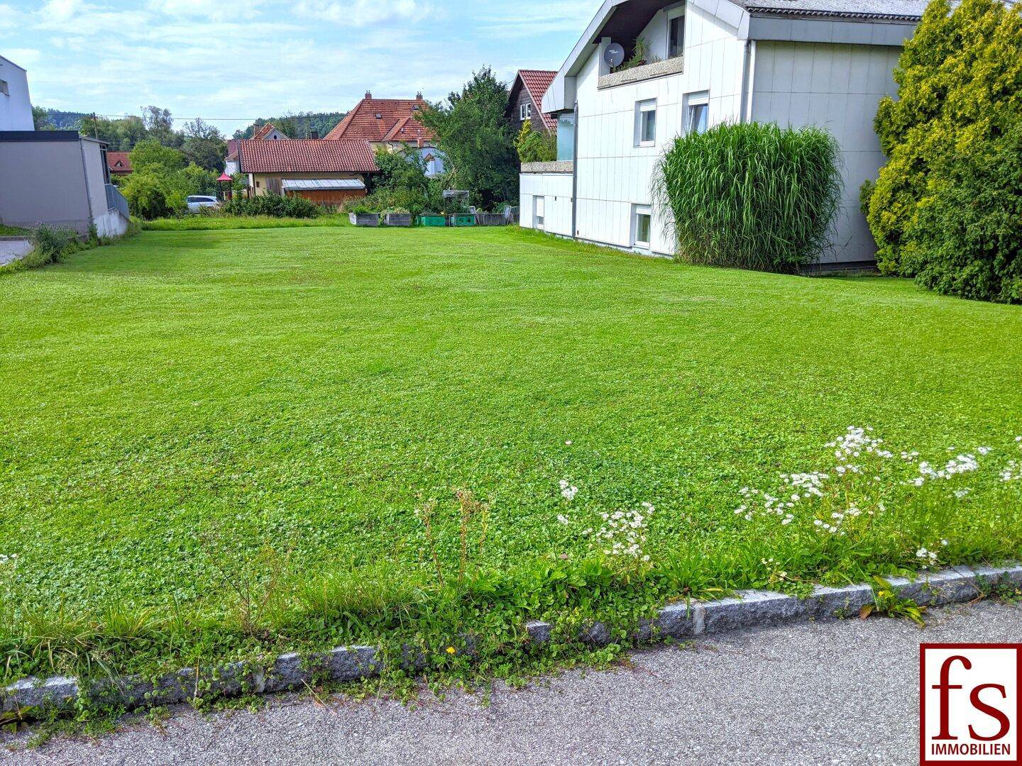 Weitläufige Rasenfläche neben dem Haus unter blauem Himmel.