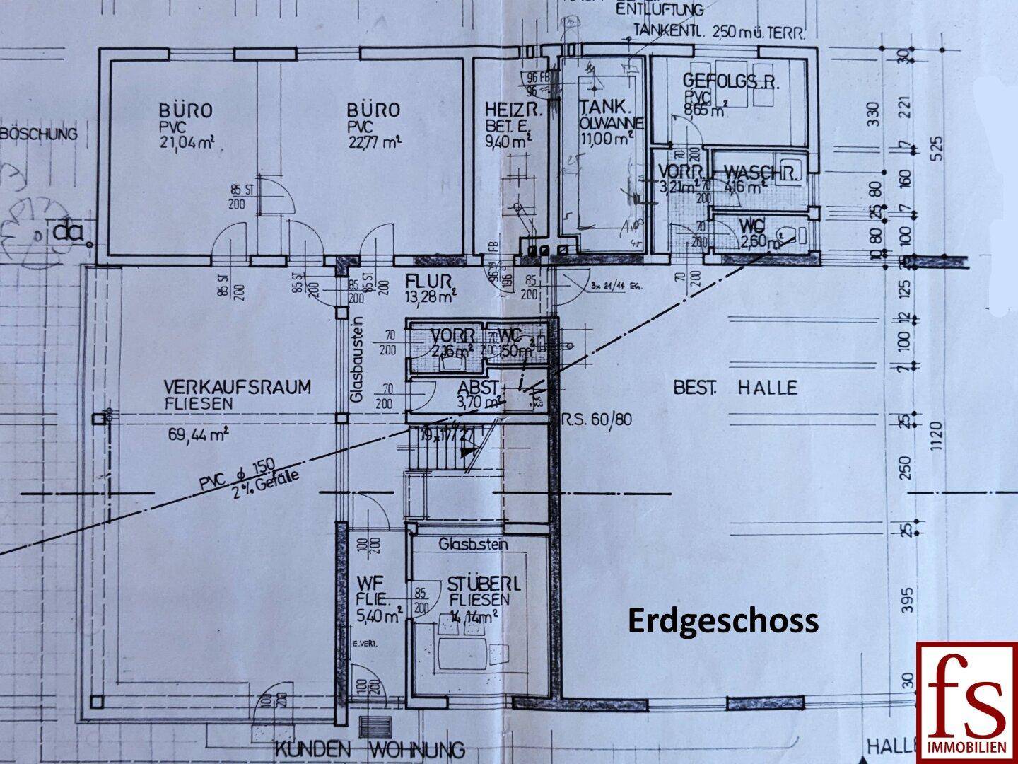 Grundriss des Erdgeschosses mit Büros, Verkaufsraum und Stüberl.