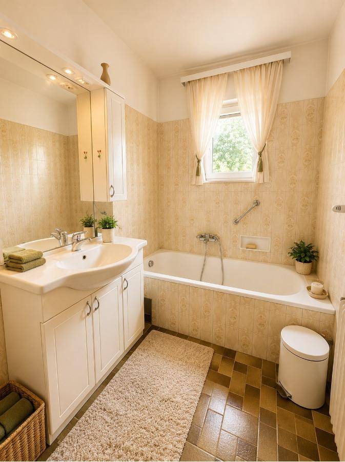 Helles Badezimmer mit Badewanne, Fenster und beigefarbenen Fliesen im traditionellen 80er-Jahre-Stil.