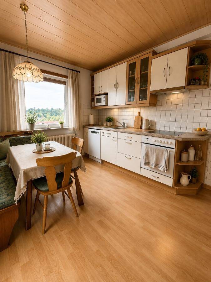 Gemütliche Wohnküche mit Holzbalkendecke, Einbauküche und Essbereich am Fenster mit Ausblick.