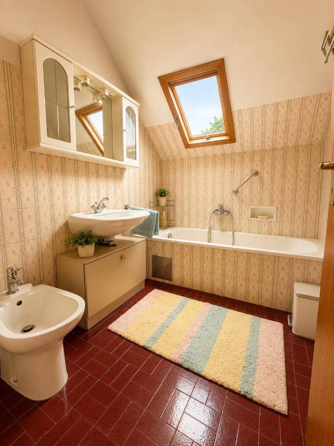 Dachgeschoss-Badezimmer mit Badewanne, Bidet, Dachfenster und roten Fliesen im 80er-Jahre-Stil.