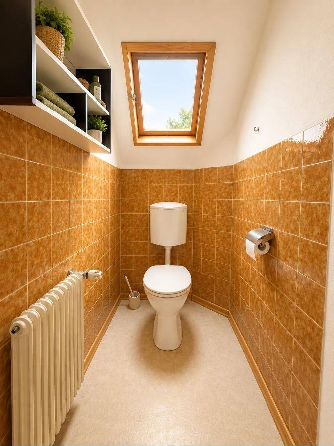 Kleines WC im Dachgeschoss mit Dachfenster, Heizung und braunen Fliesen im 80er-Jahre-Stil.
