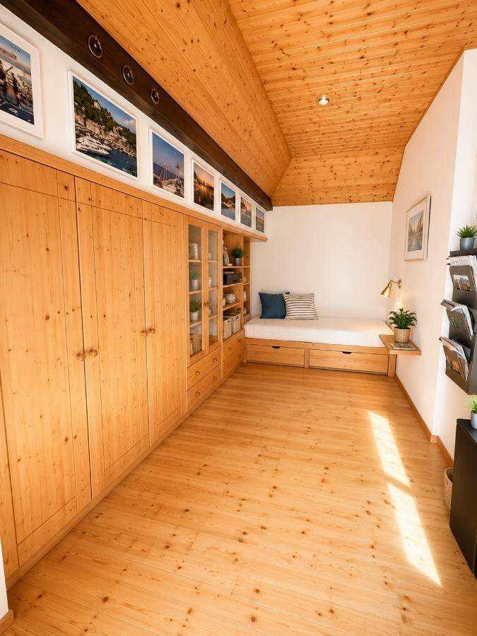 Dachzimmer mit sichtbarer Holzdecke, Einbauschränken und einem gemütlichen Schlafbereich.