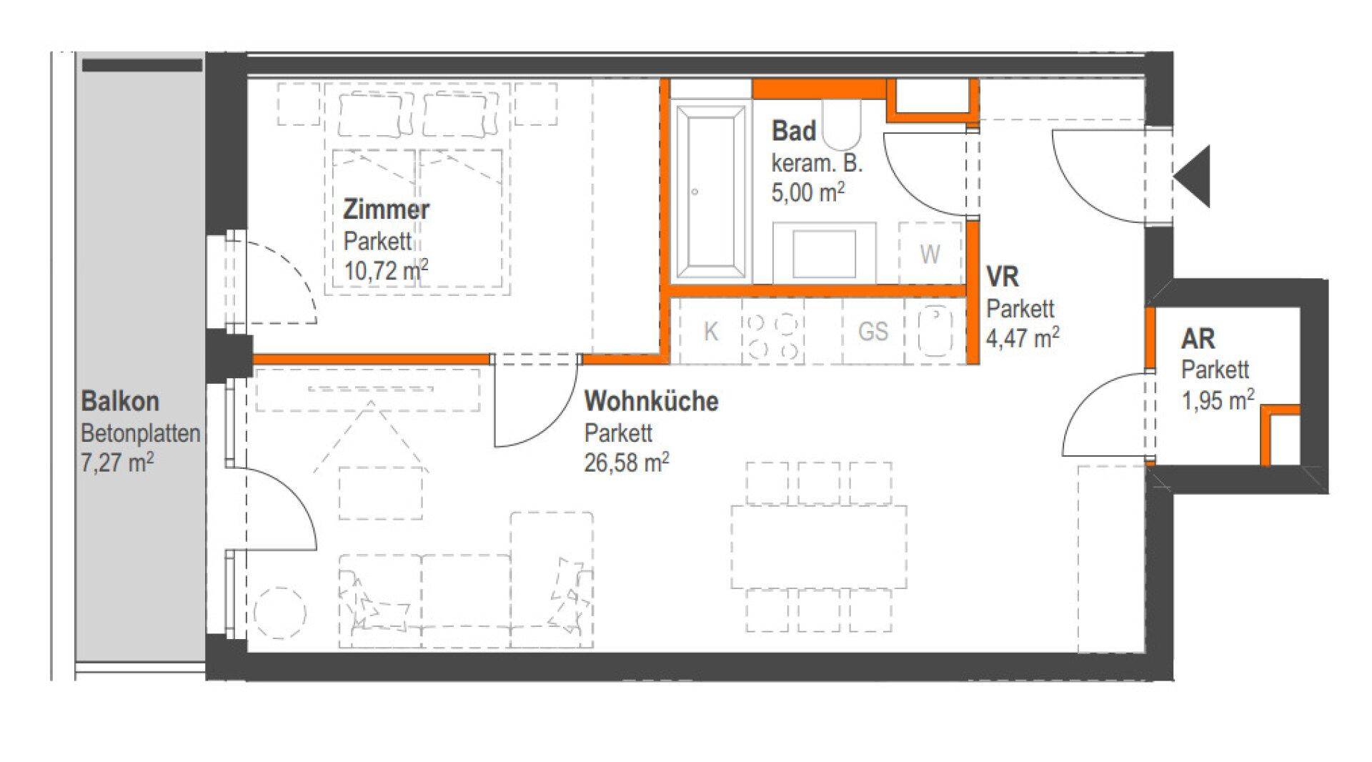Grundriss einer Wohnung mit Wohnküche, Schlafzimmer, Bad und Balkon.