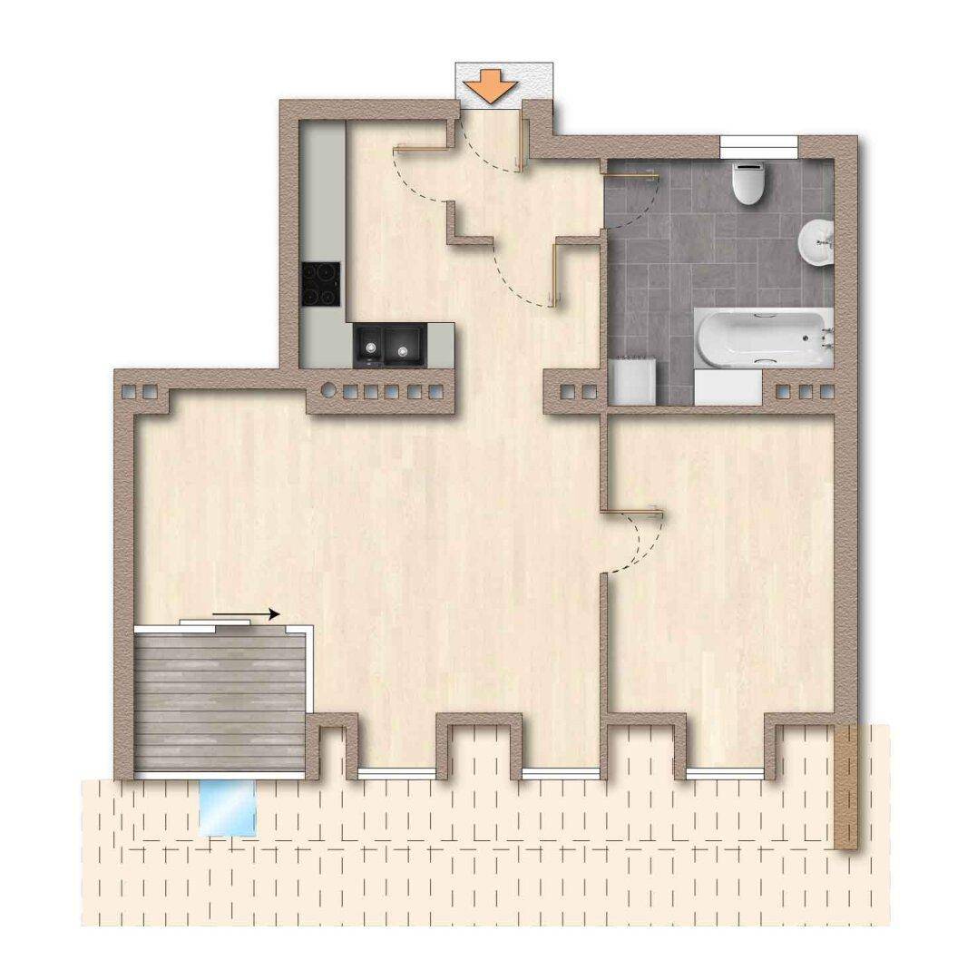 Grundriss einer Wohnung mit Küche, Bad, zwei Zimmern und einem Balkon.
