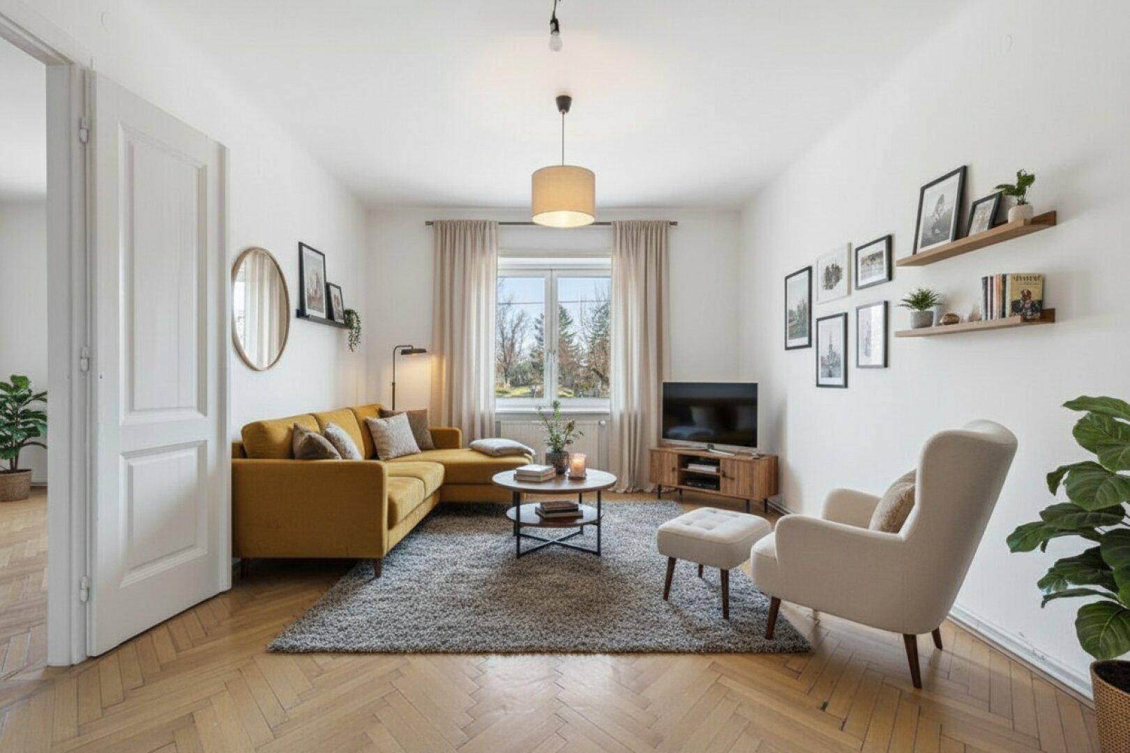Helles Wohnzimmer mit modernem gelbem Sofa, Parkettboden und Blick ins Grüne.