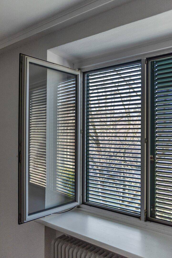 Geöffnetes Fenster mit Jalousien und einem Heizkörper darunter, bietet Tageslicht.