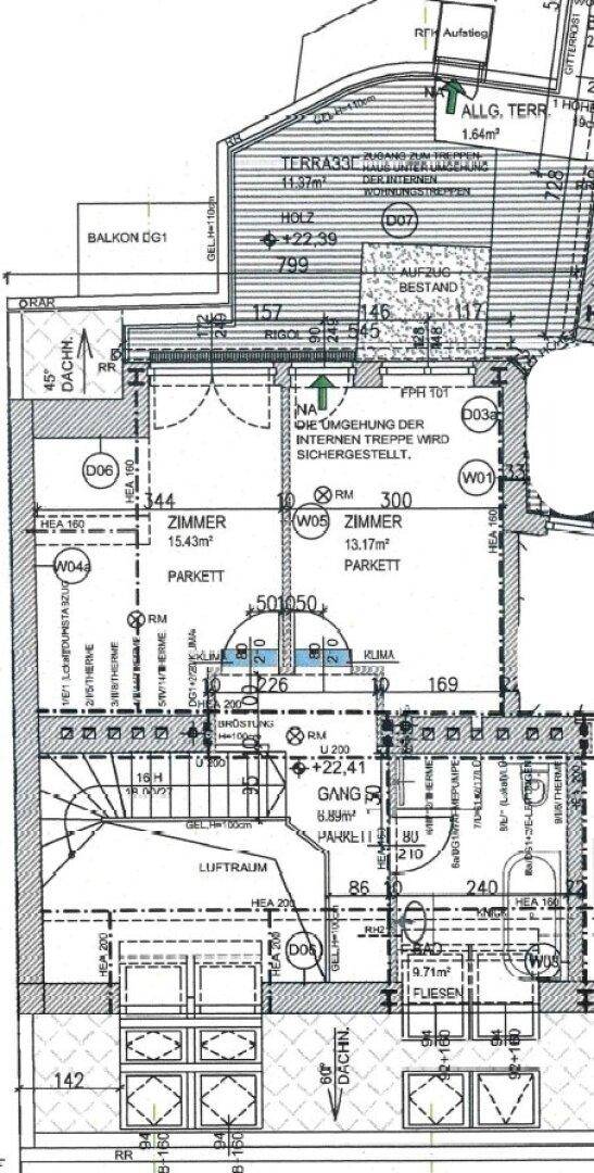 Grundrissplan einer Wohnung mit Zimmern, Bad, Terrasse und Balkon.