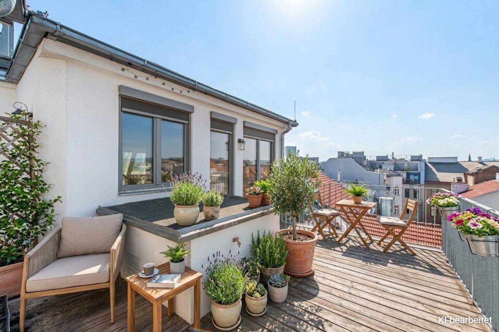 Sonnige Dachterrasse mit Holzboden, Pflanzen und Sitzgelegenheiten, ideal zum Entspannen.