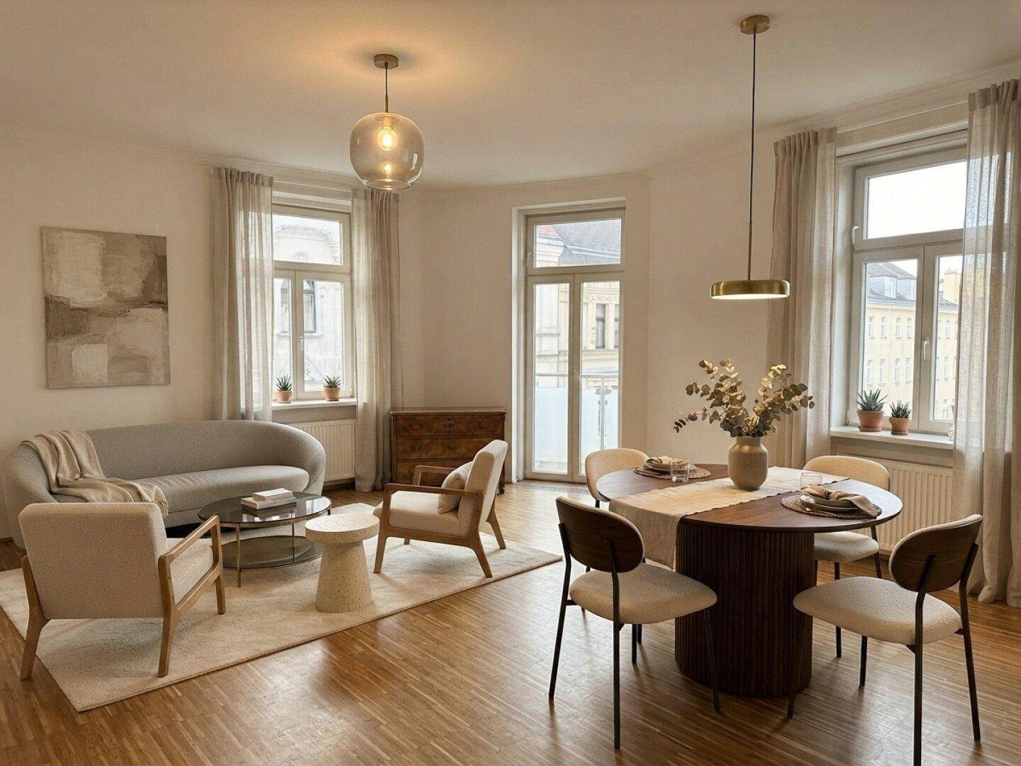 Heller und modern eingerichteter Wohn- und Essbereich mit Holzboden, hohen Decken und großen Fenstern.