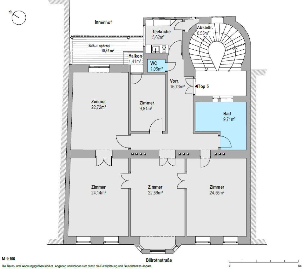 Grundriss einer Wohnung mit mehreren Zimmern, einem Balkon, einer Teeküche und einem Badezimmer.