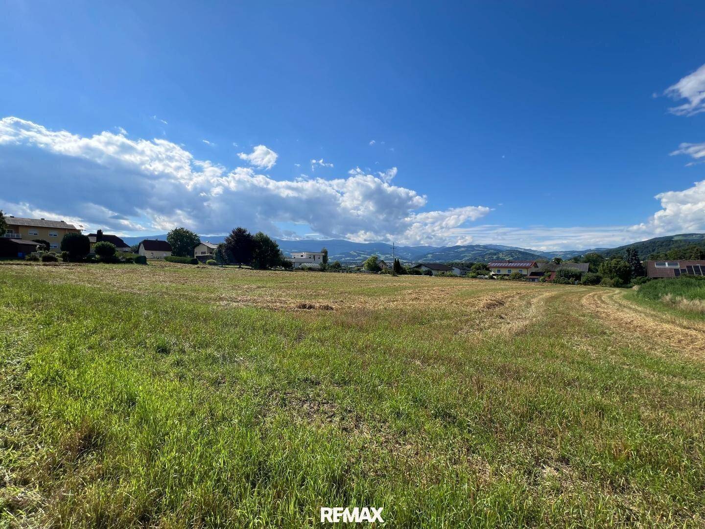 Großes grünes Feld mit Wohnhäusern und einer Bergkette am Horizont.