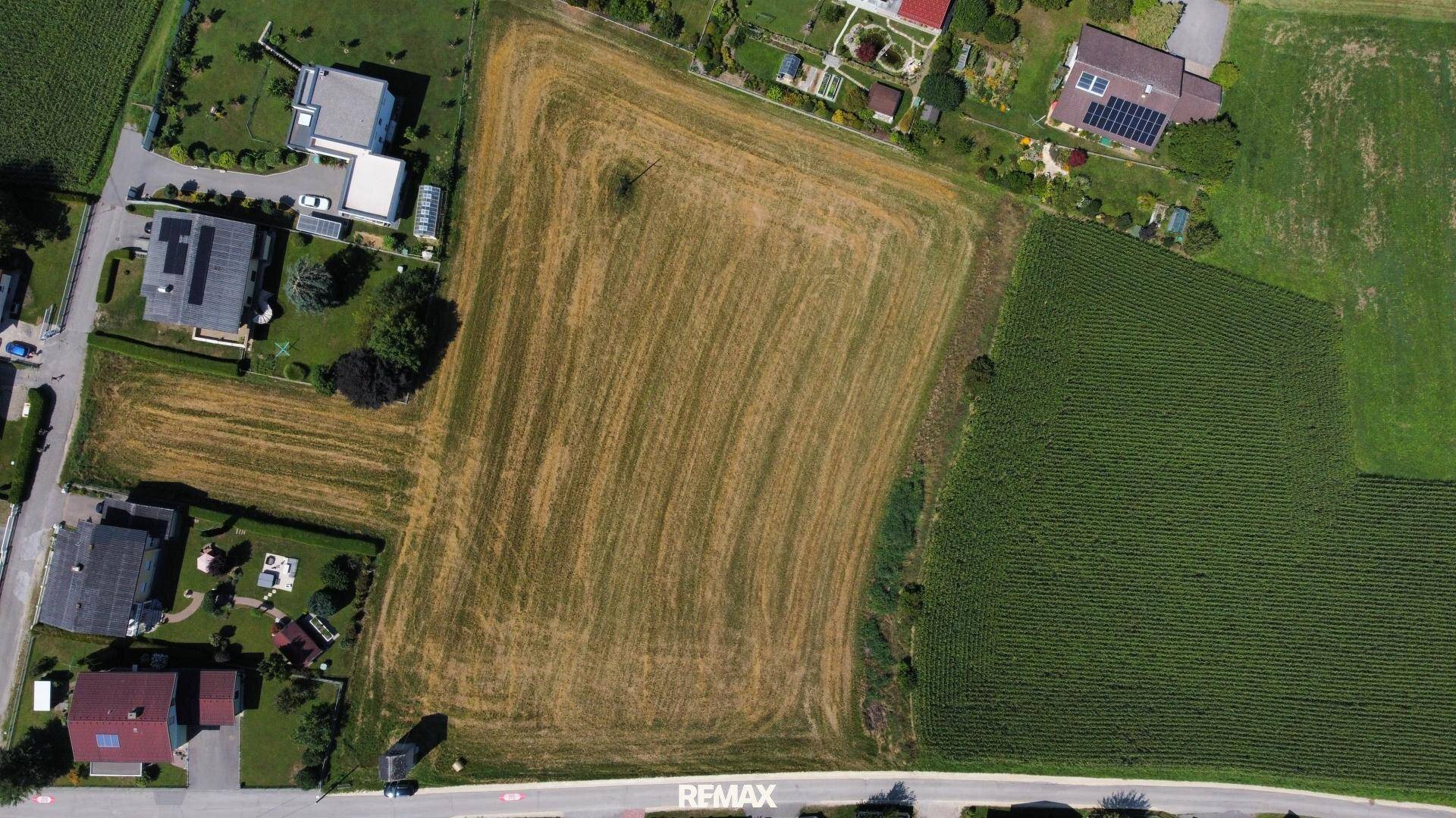 Draufsicht auf ein großes Feld mit angrenzenden Wohngrundstücken.