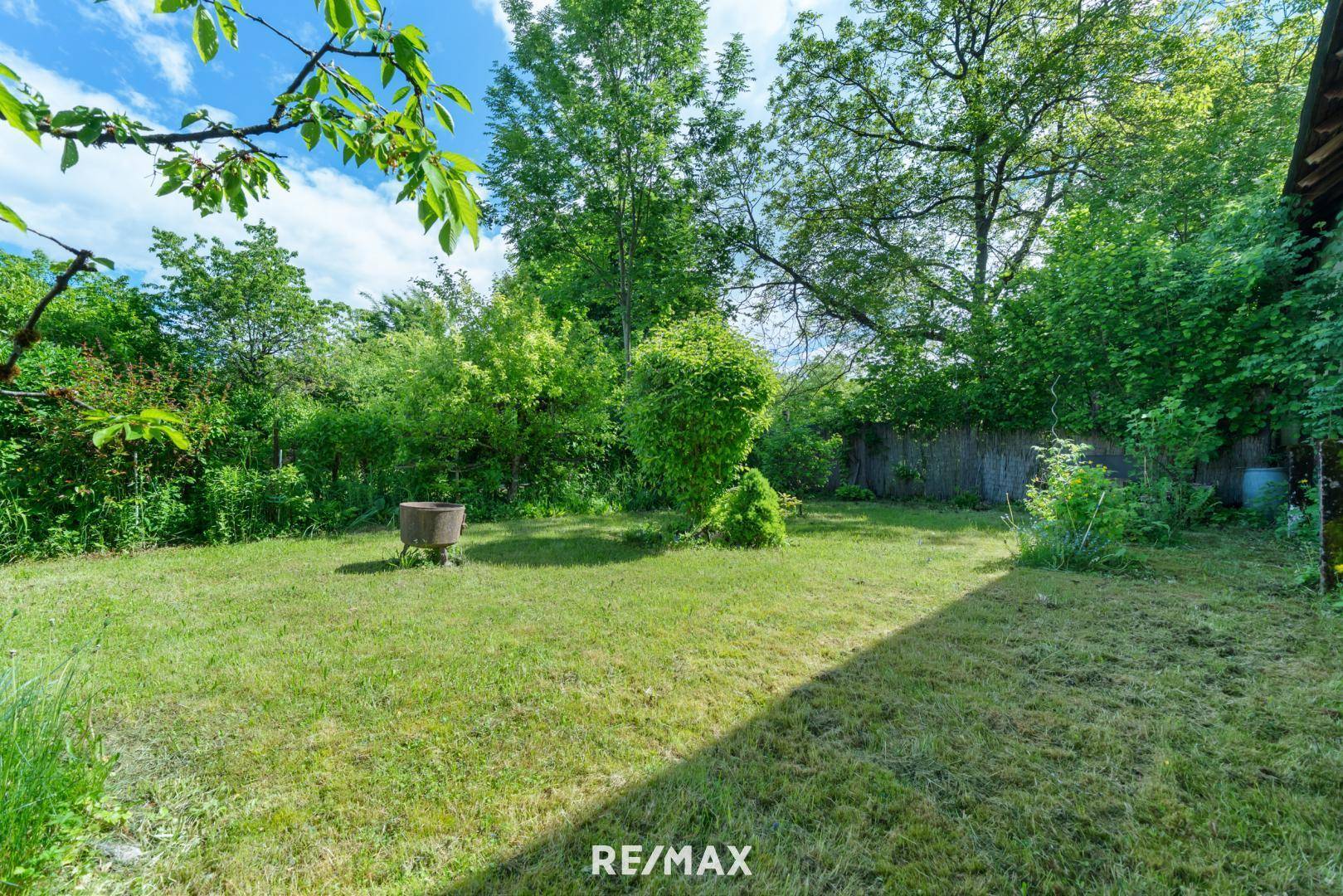 Großer, gepflegter Garten mit Rasenfläche und altem Baumbestand unter blauem Himmel.
