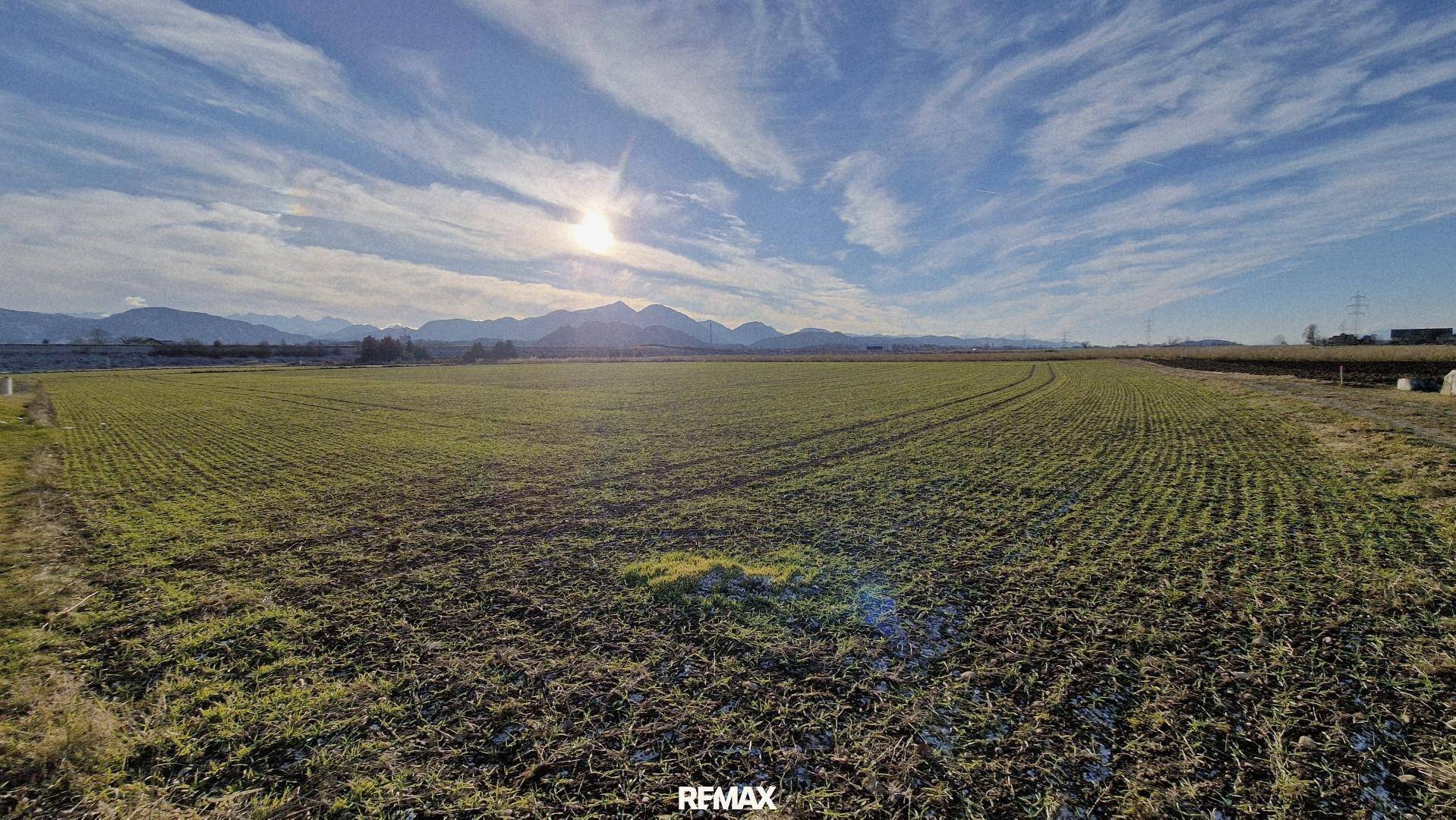 Ausgedehntes Feld mit grüner Vegetation und majestätischem Bergpanorama im Hintergrund.