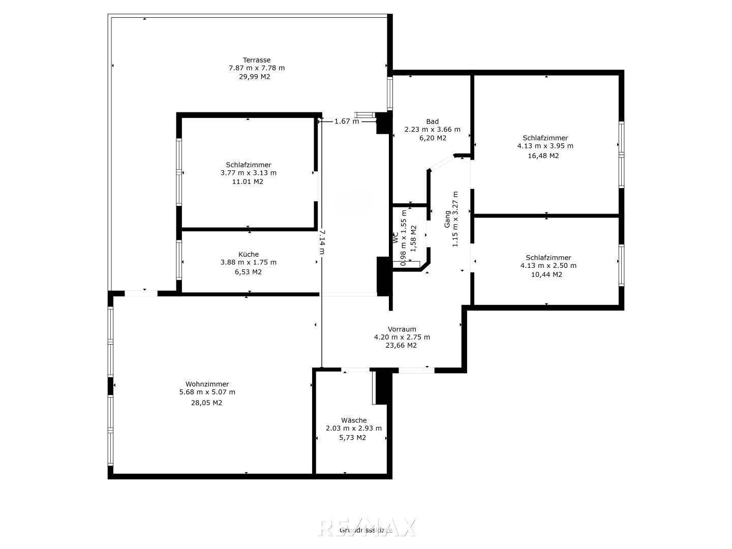 Detaillierter Grundriss der Wohnung mit Raumaufteilung und Flächenangaben in Quadratmetern.