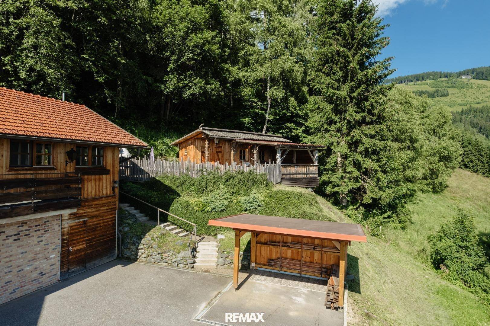 Außenansicht mit Holzschuppen, Carport und üppiger grüner Umgebung am Hang.