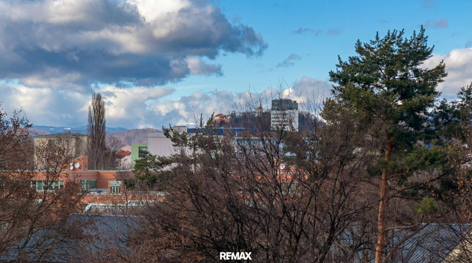 Weitblick über die Stadt mit Bäumen im Vordergrund und bewölktem Himmel.