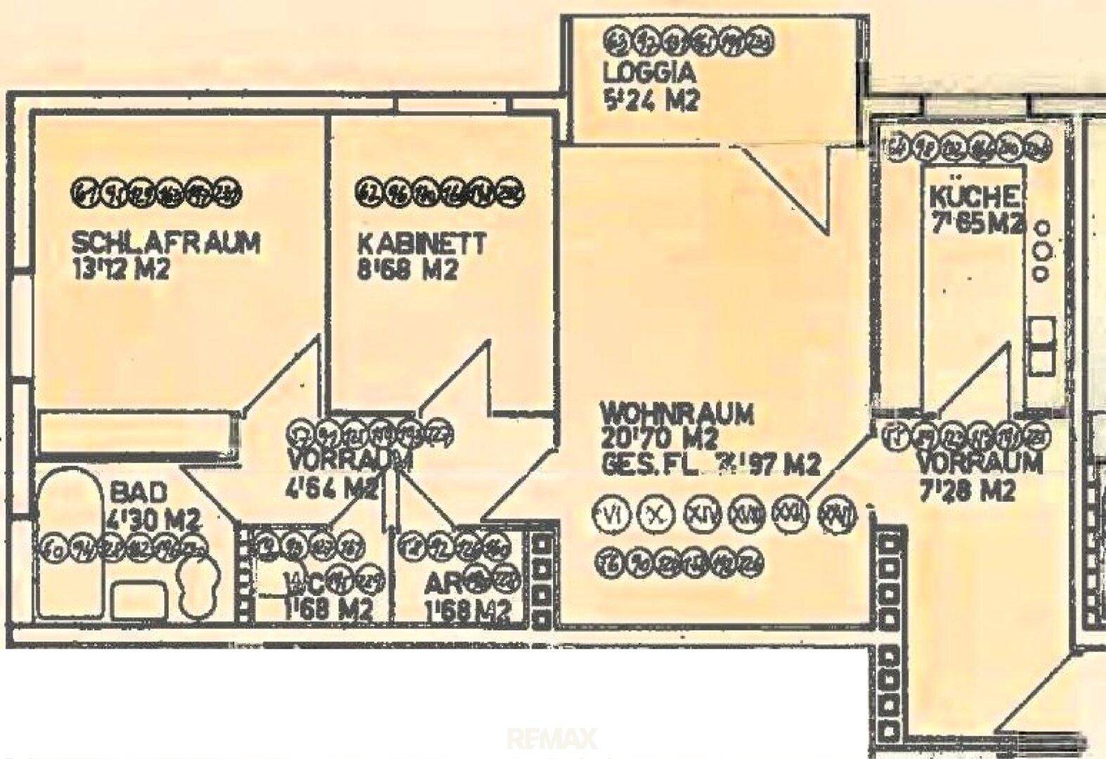 Grundriss der Wohnung mit Schlafzimmer, Kabinett, Wohnraum, Küche, Bad, WC und Loggia.