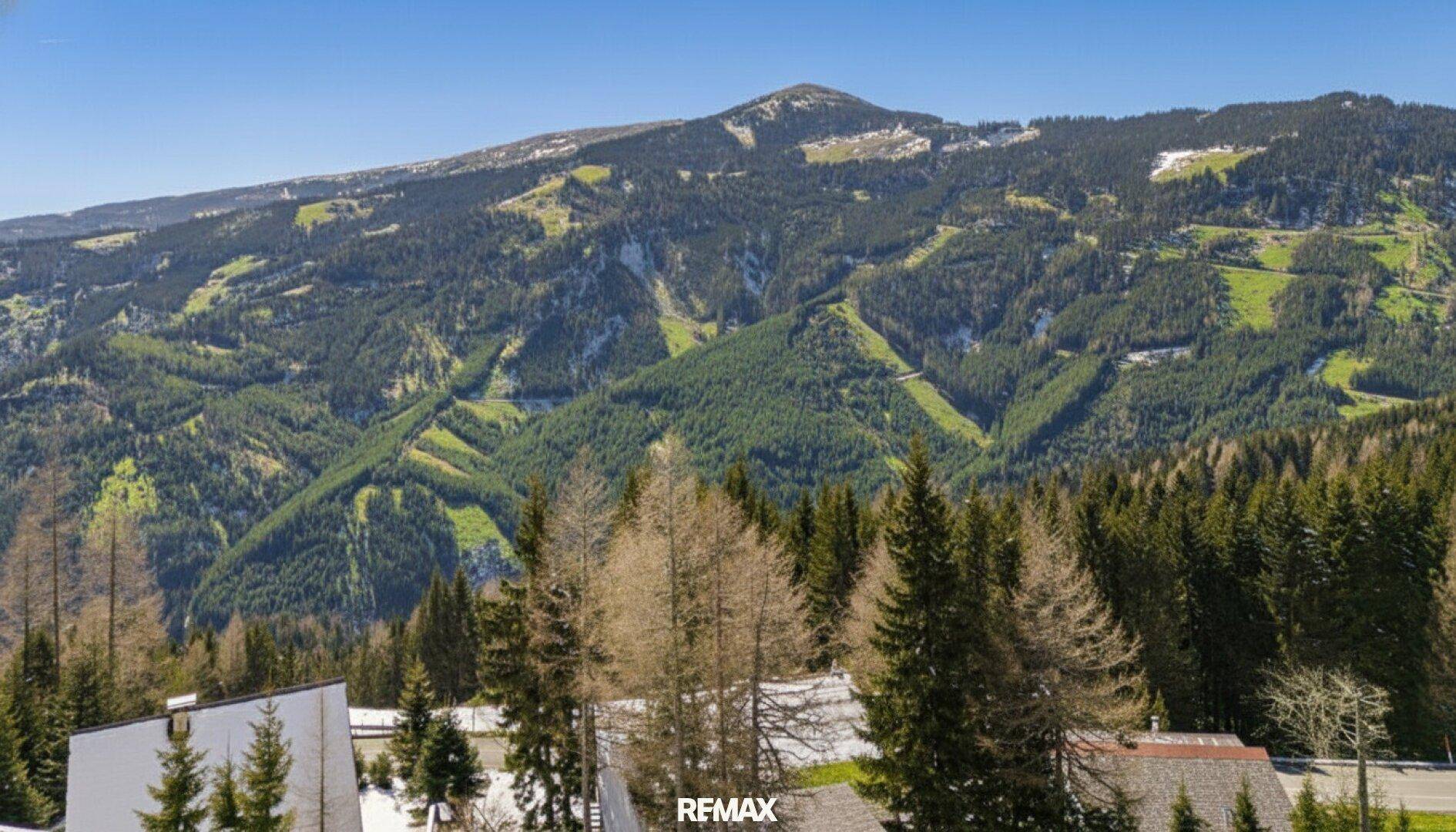 Atemberaubender Panoramablick auf eine weite, bewaldete Berglandschaft unter blauem Himmel.