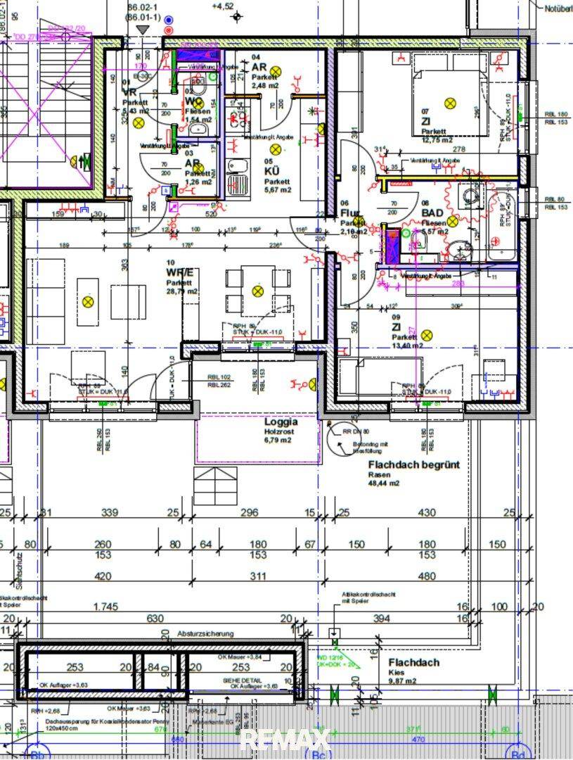 Detaillierter Grundriss einer Wohnung mit mehreren Zimmern und einer Loggia.