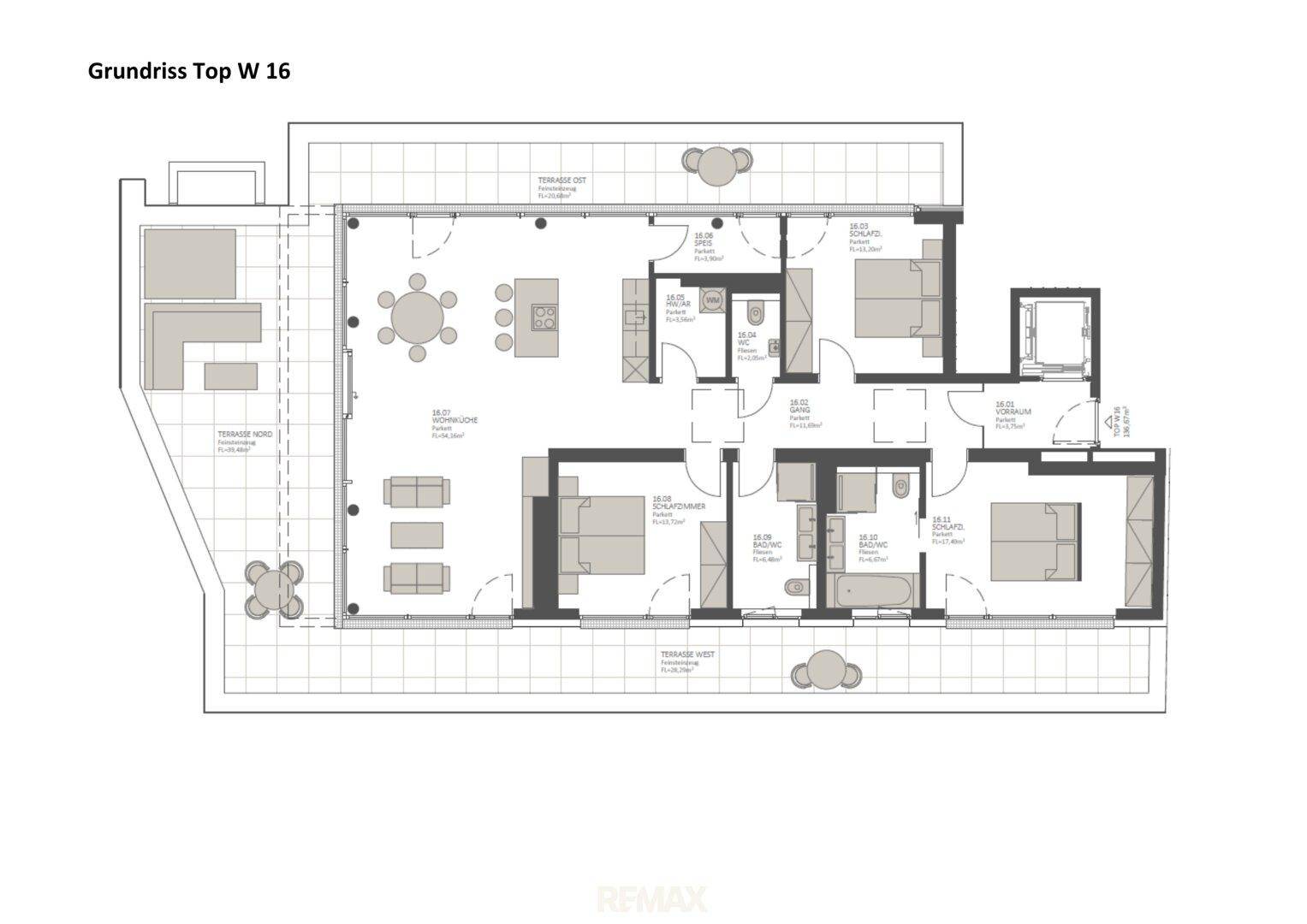 Detaillierter Grundriss einer Wohnung mit offenem Wohnbereich, drei Schlafzimmern und weitläufigen Terrassen.