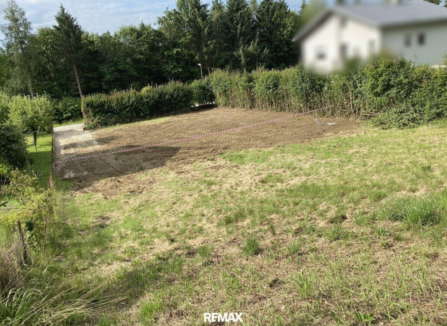Weitläufiges Grundstück mit vorbereiteter Fläche für Neubau und umgebender Hecke, bietet viel Potenzial.