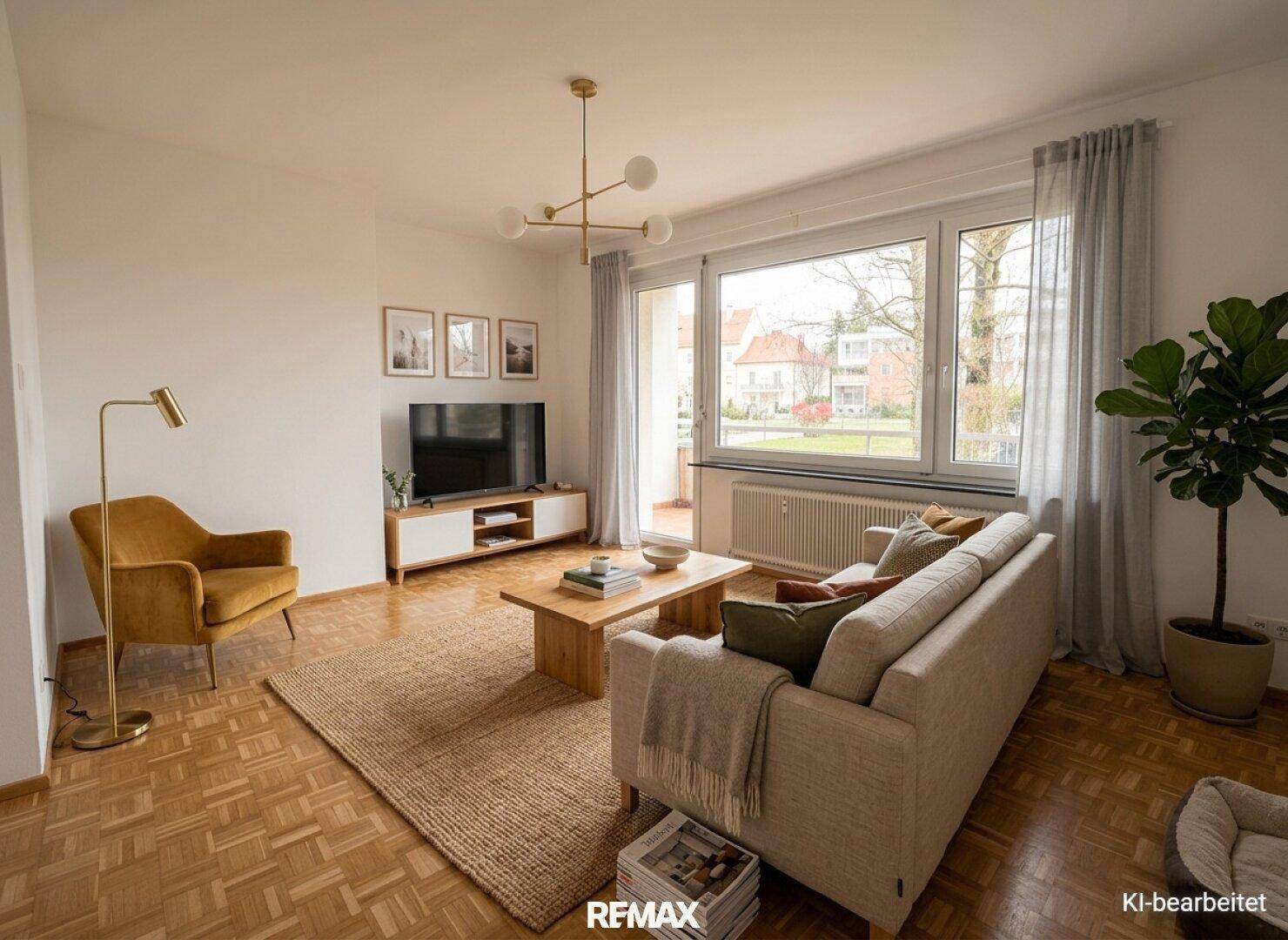 Helles Wohnzimmer mit Parkettboden, beigem Sofa und großem Fenster mit Blick ins Grüne.
