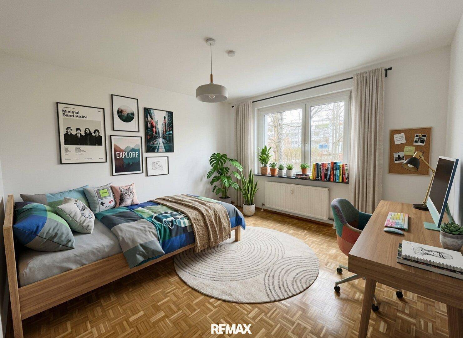 Helles Schlafzimmer mit Parkettboden, Schreibtisch und Blick ins Grüne.