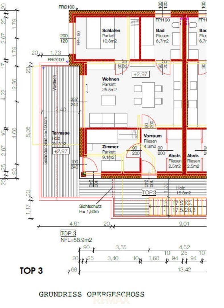 Grundriss des Obergeschosses (TOP 3) mit Schlafzimmer, Wohnbereich, Bad und großer Terrasse.
