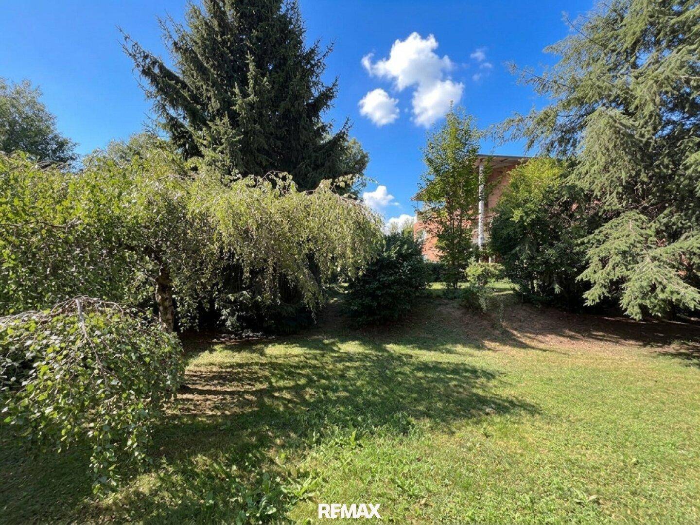Großer, gepflegter Gartenbereich mit altem Baumbestand und weitläufiger Rasenfläche.