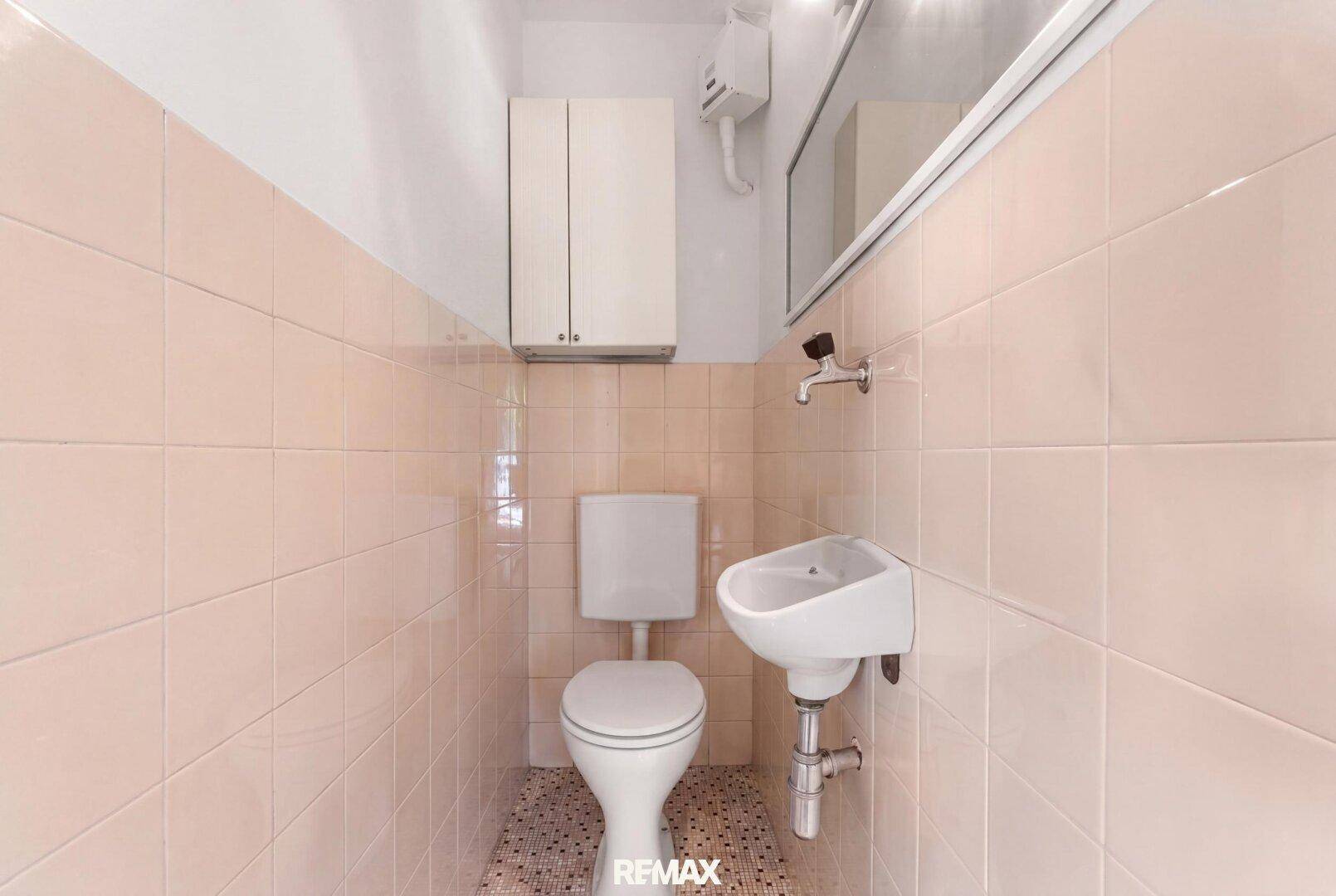 Separate Toilette mit Waschbecken und rosa Fliesen im Retro-Stil, praktisch und funktional.