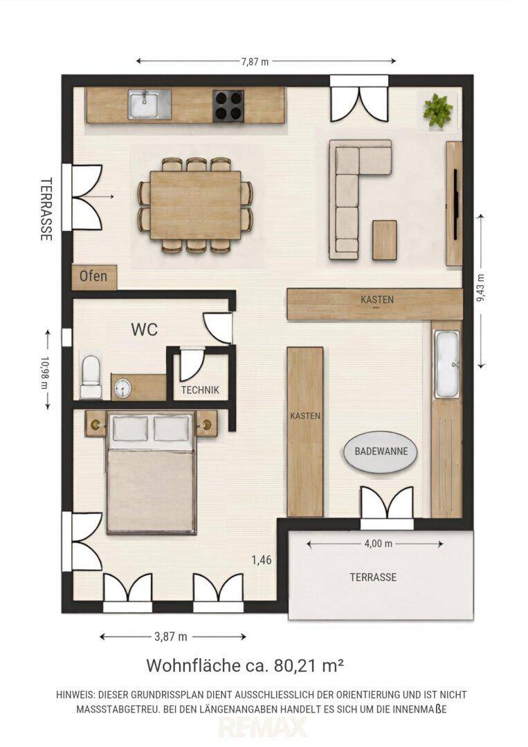 Grundrissplan mit Wohnfläche von ca. 80,21 m² und Terrasse.