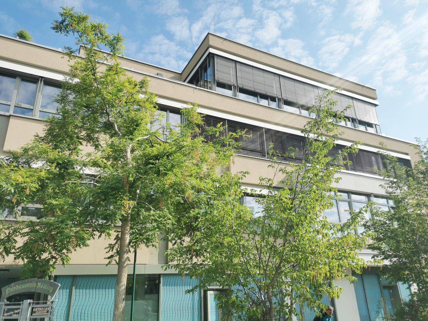 Ansicht eines modernen Bürogebäudes mit großen Fenstern, umgeben von üppigem Grün unter blauem Himmel.